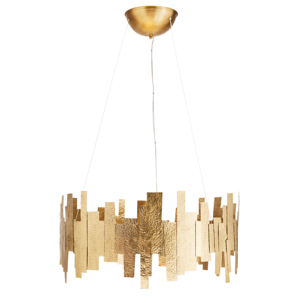 unique crafted ceiling light with metal elements, hammered by hand by artisans, reflecting light in a mesmerizing fashion.