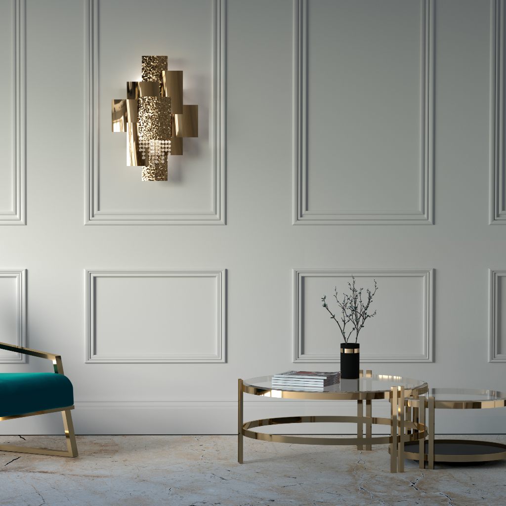 Hand-made crafted bespoke ceiling lamp chandelier suspension gold plated brass modern squares Swarovski crystals