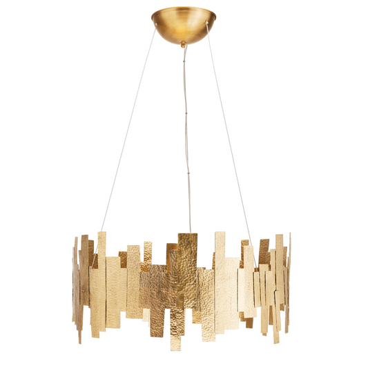 unique crafted ceiling light with metal elements, hammered by hand by artisans, reflecting light in a mesmerizing fashion.