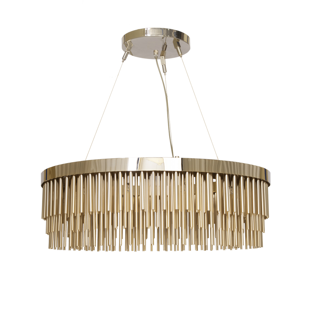 elegant lighting piece long gold-plated brass tubes exclusive deluxe rich materials sleek lines design statement luxurious