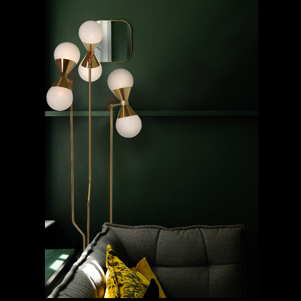 Elegant contemporary hand-crafted floor light brass glass brushed brass finish 