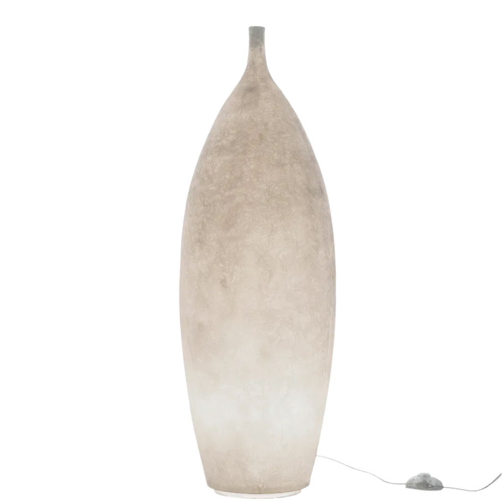 Nebulite floor lamp with intricate surface and atmospheric light.  Made from a unique resin and fiber-based material, perfectly mimicking the surface of the moon, warm, inviting and gently luminescent