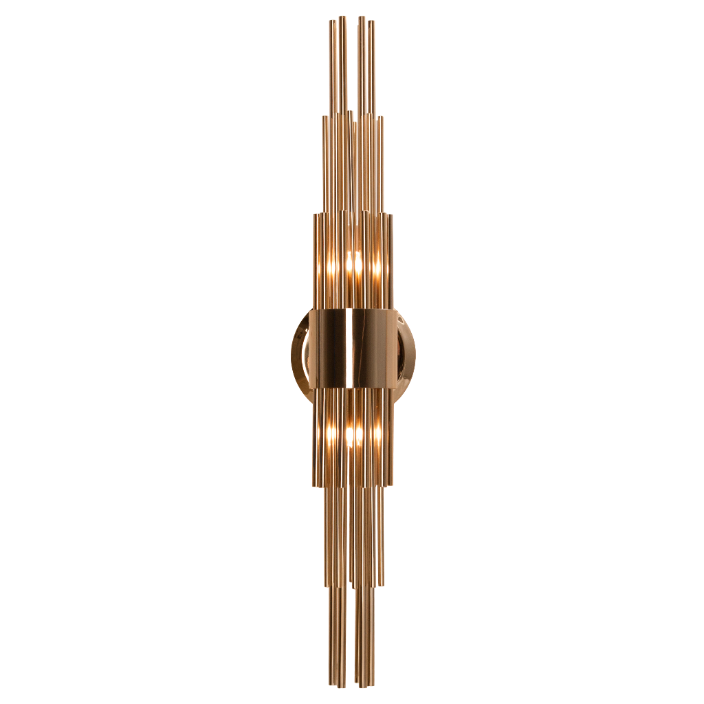 sophisticated elegant art-deco wall light, with sleek lines and shining gold plated finish brass, noble materials, in geometric forms 
