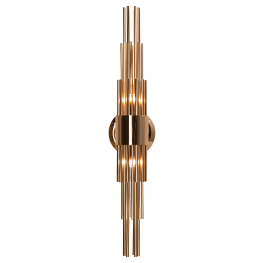sophisticated elegant art-deco wall light, with sleek lines and shining gold plated finish brass, noble materials, in geometric forms 
